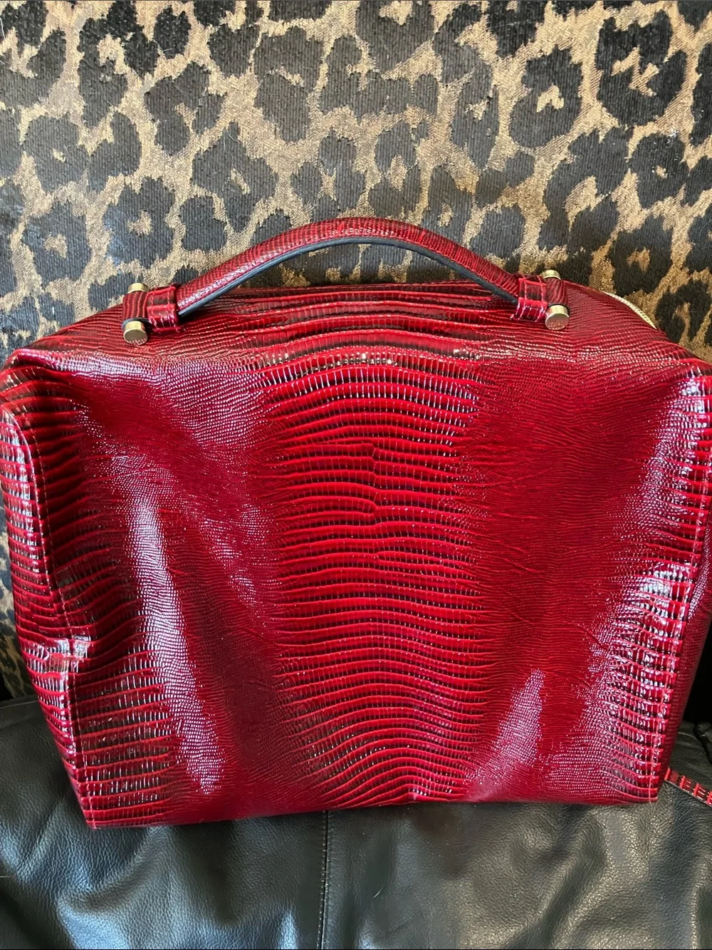 Estée Lauder Red Faux Lizard Cosmetic Bag with Gold Accent